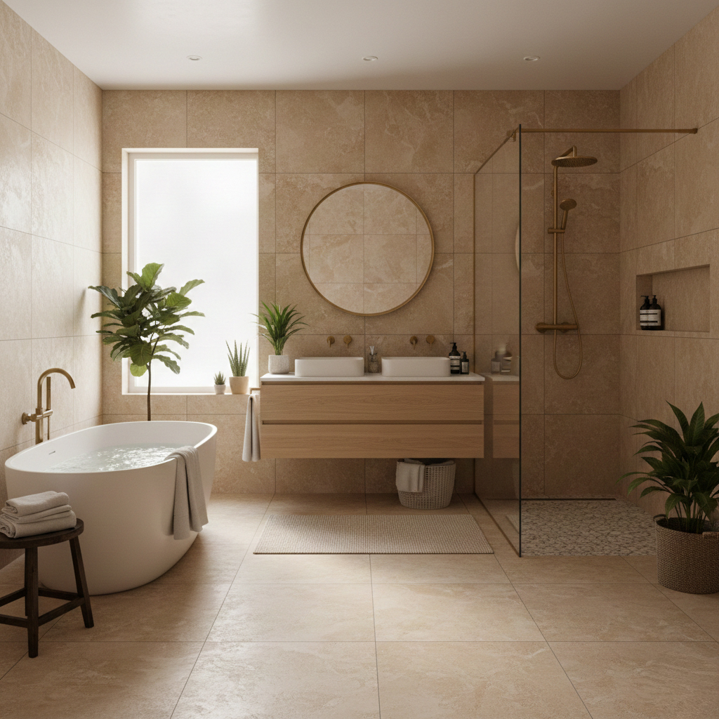 Modernes Badezimmer-Design mit großformatigen Fliesen, bodenebener, begehbarer Dusche und klaren Linien.