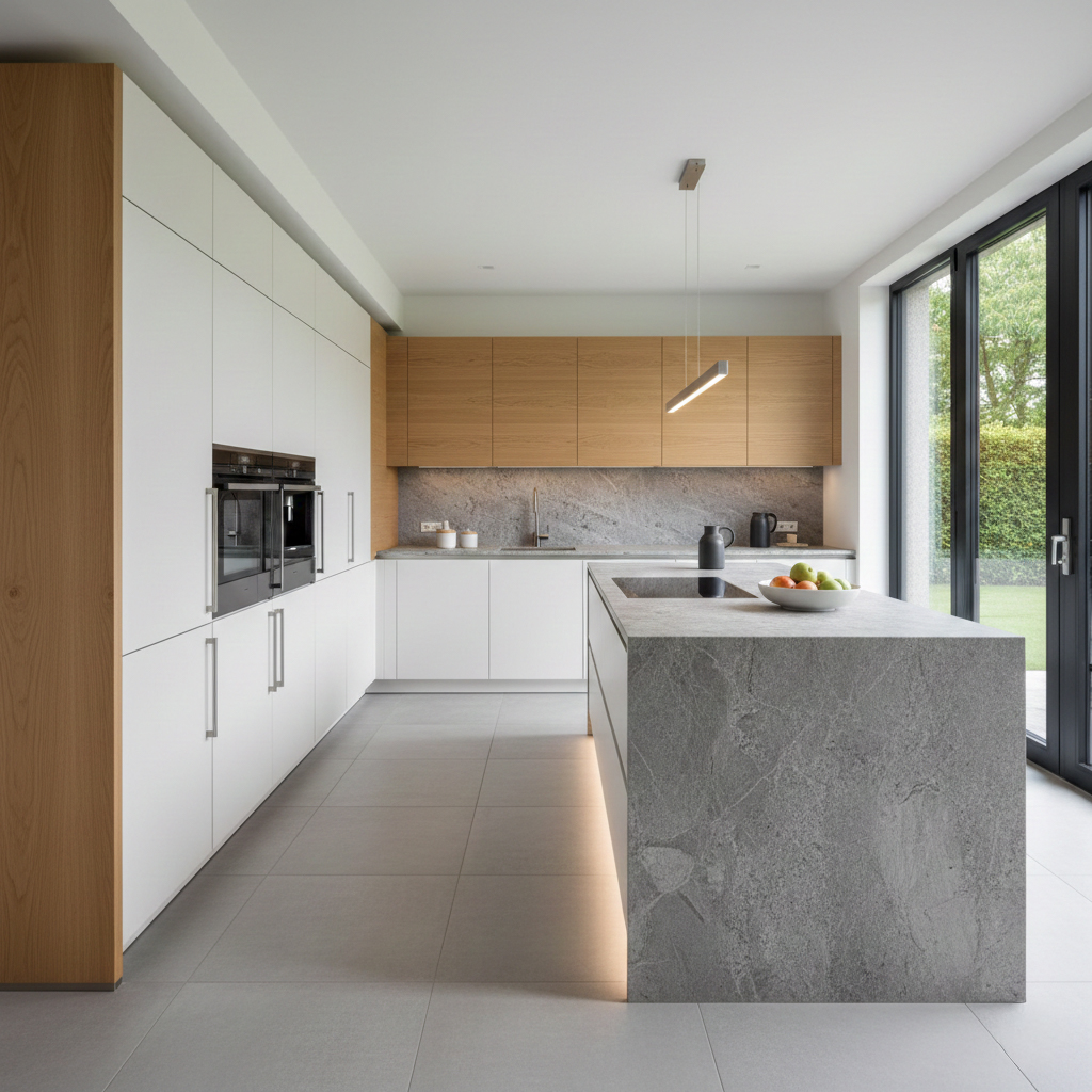 Modernes Küchendesign mit einer massiven Naturstein-Insel und fugenarm verlegten XXL-Bodenfliesen in Betonoptik.